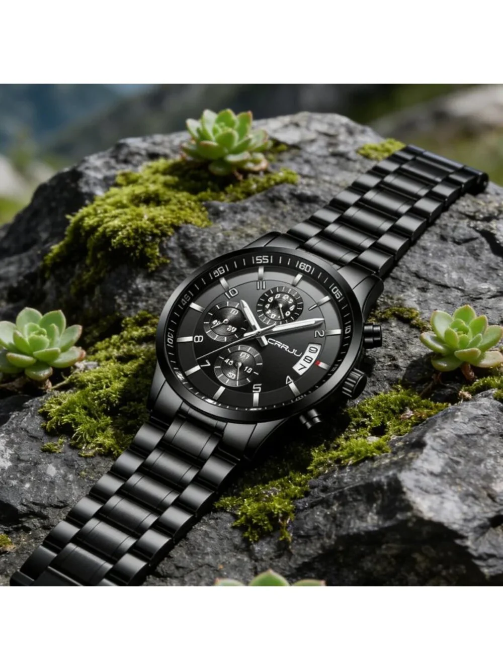 Men's Black Analog Quartz Stainless Steel Waterproof Chronograph Wrist Watch